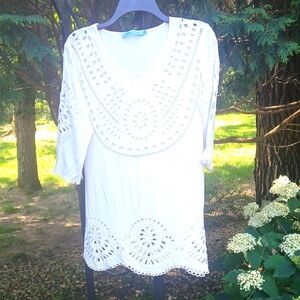 SOLITAIRE SWIM White Crochet Trimmed.Cut Outs.Beach Cover-Up 3/4 Sleeves Size S